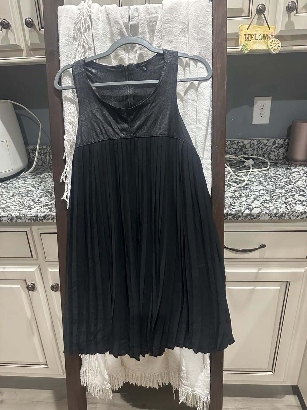 Manteau Black Faux Leather Top Pleated Dress Size M
